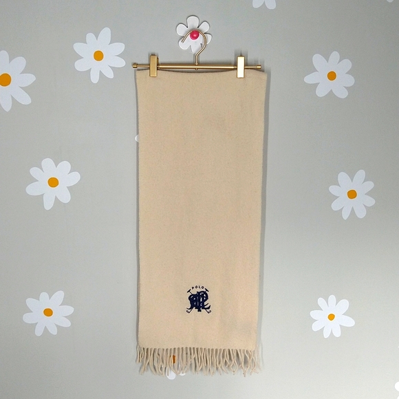 Polo Ralph Lauren Accessories - Polo Ralph Lauren Cream 100% Lambswool Blue Ralph Lauren Logo Fringe Scarf